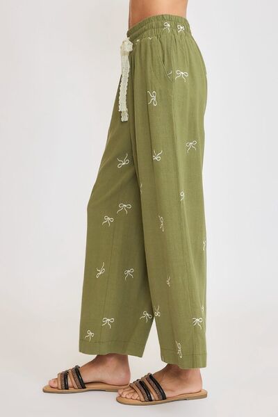 Lace Drawstring Embroidered Bow Wide Leg Pants Trendsi