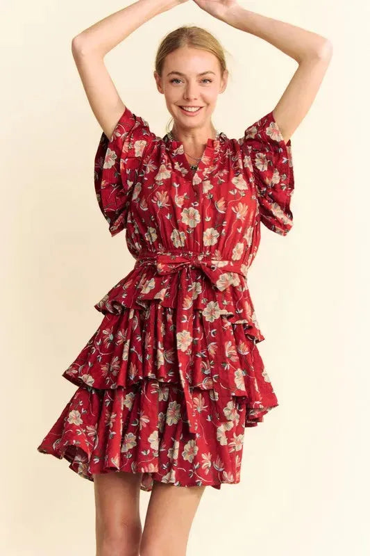 Ruffle Flutter Sleeve Tie Belt Tiered Mini Dress for Effortless Elegance