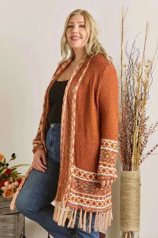 Fringe Hem Aztec Border Cardigan – Boho Chic Statement Layer for Cozy Style