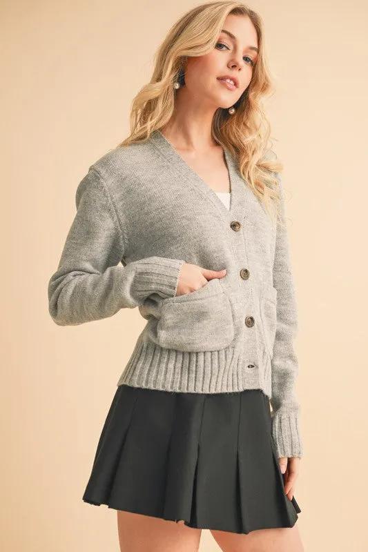 Ribbed Hem Button Down V-Neck Cardigan