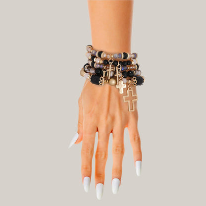 Bohemian Cross Charm Stretch Bracelet Stack