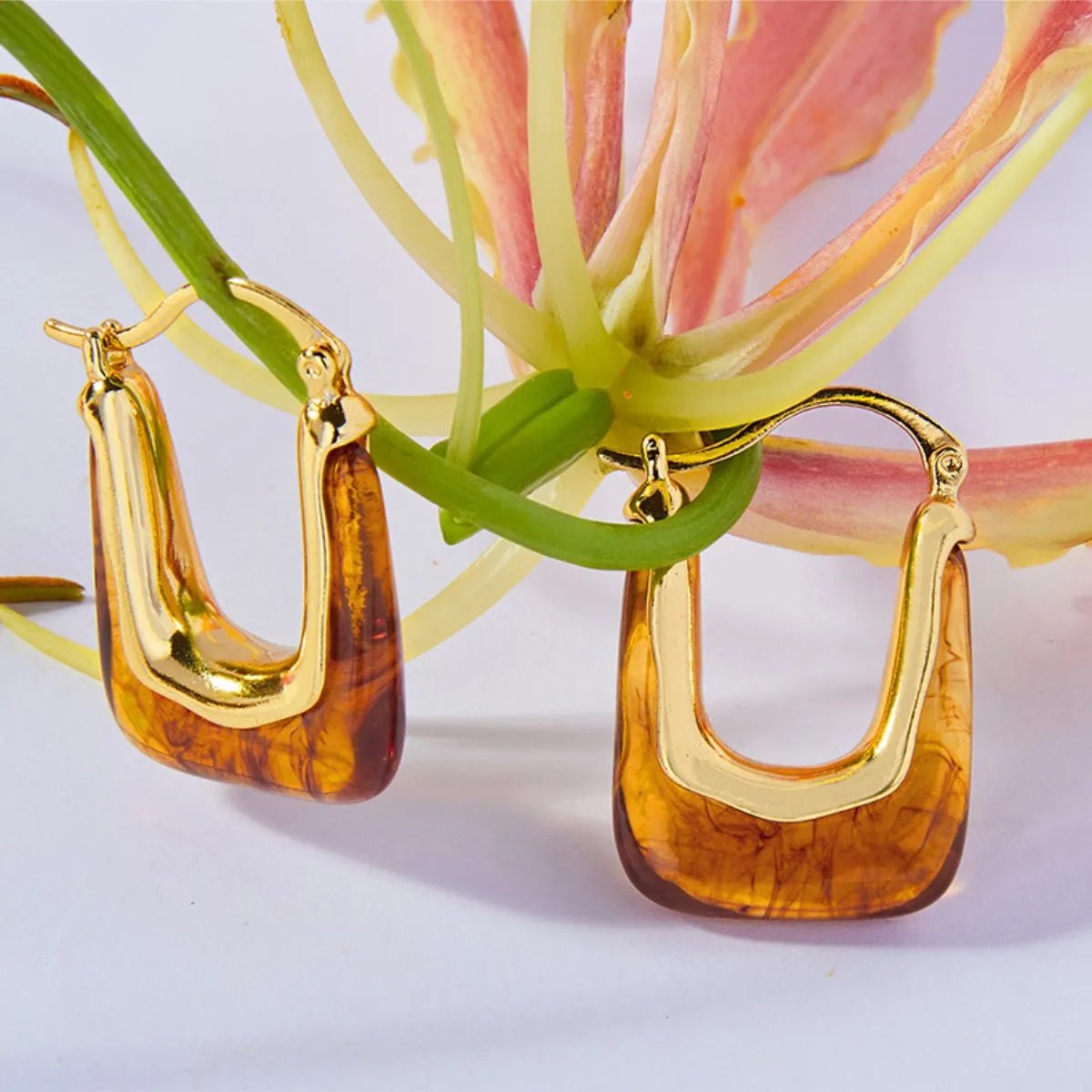 Gold-Plated U-Shape Resin Earrings - Modern Lightweight Design