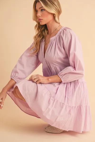Lilac Notched Balloon Sleeve Tiered Mini Dress