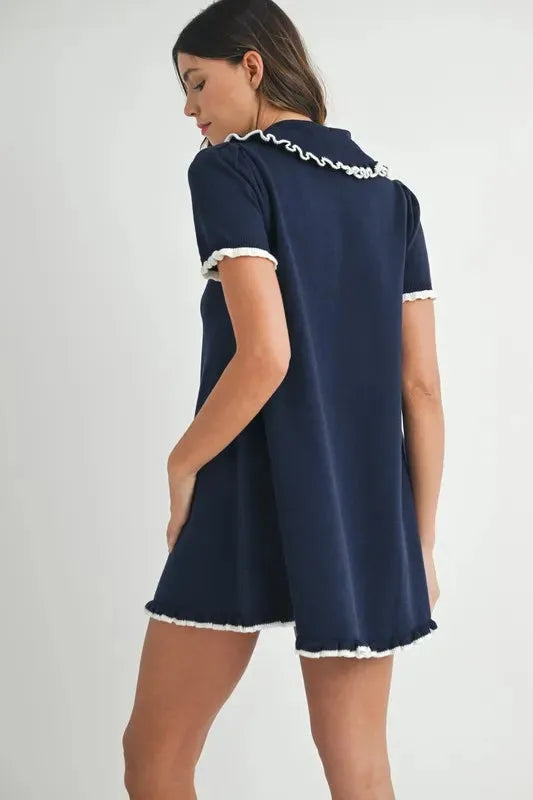 Ruffle Trimmed Collar Fine Knit Mini Dress – Sophisticated & Chic