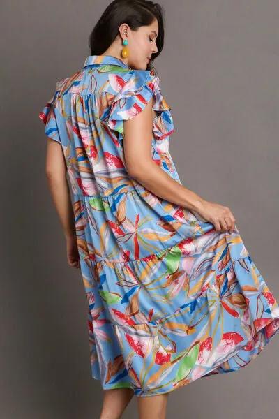 Playful Leaf Print Double Layered Ruffle Sleeve Tiered Midi Dress for Any Occasion