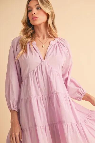 Lilac Notched Balloon Sleeve Tiered Mini Dress
