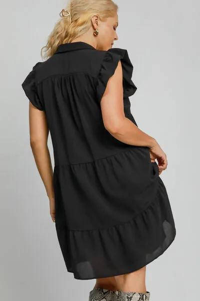 Shop the Stylish Collar Ruffle Cap Sleeve Tiered Black Dress for Any Occasion