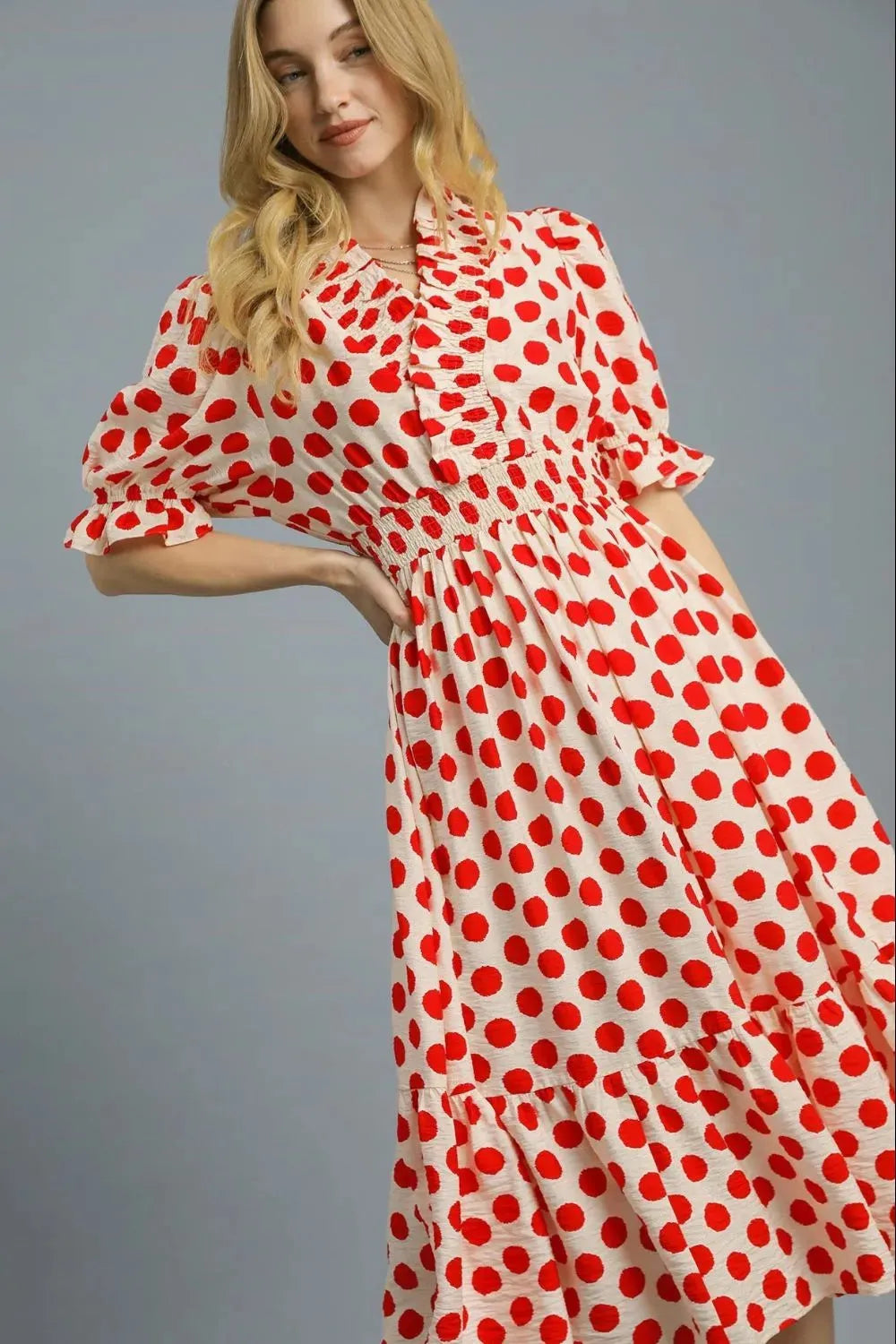Umgee Polka Dot Ruffled Smocked Waist Midi Dress