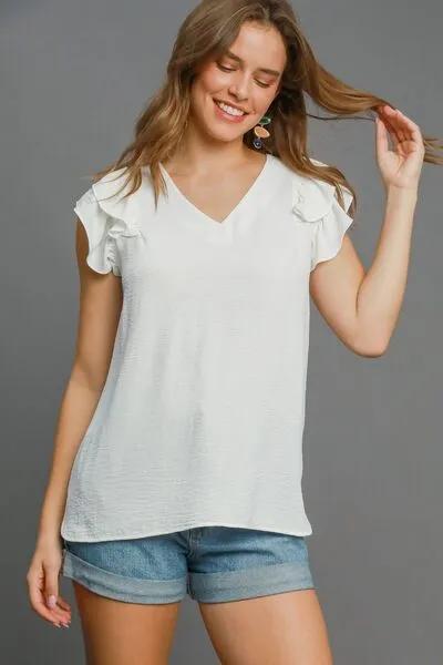 V-Neck Double Layered Ruffle Sleeve Blouse