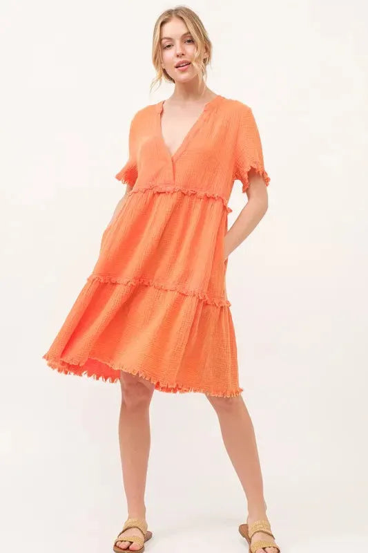 Washed Frayed Detail Tiered Orange Dress – Effortless, Trendy Everyday Style