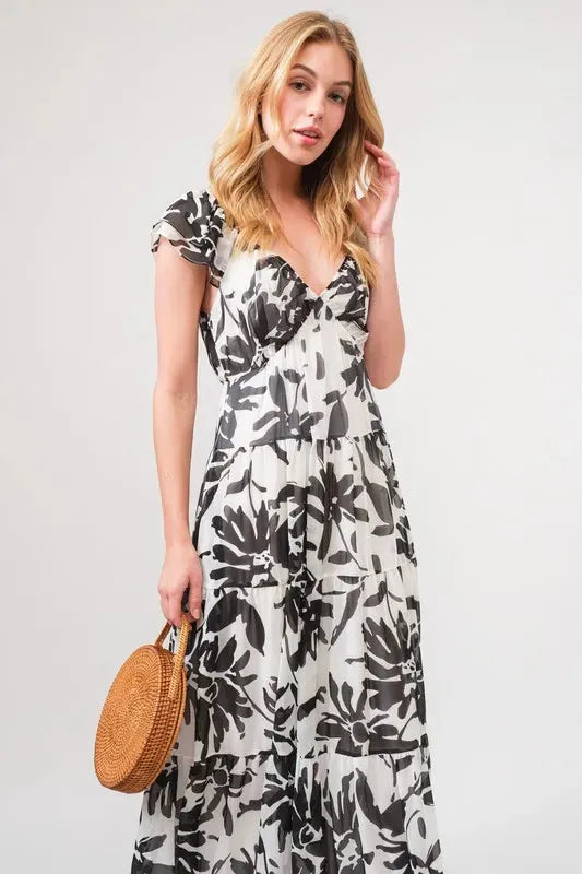 Elegant Ruffled Sleeve Tiered Floral Maxi Dress