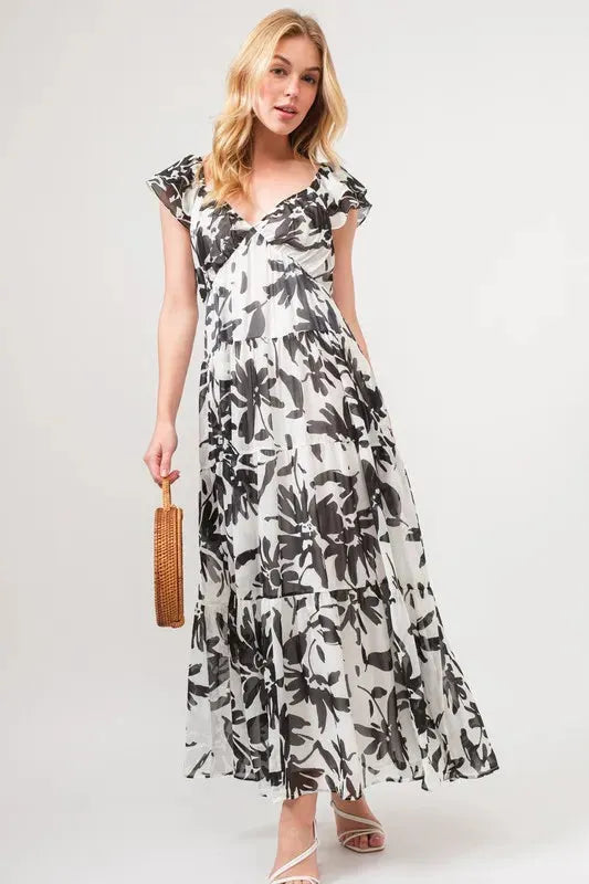 Elegant Ruffled Sleeve Tiered Floral Maxi Dress