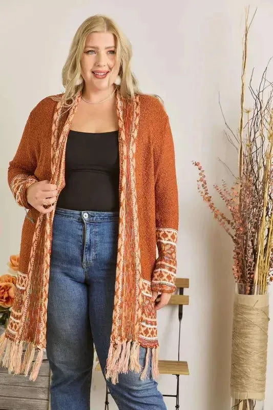Fringe Hem Aztec Border Cardigan – Boho Chic Statement Layer for Cozy Style