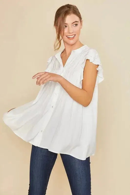 Ruffle Sleeve Shirred Flowy Woven Tunic Shirt in White – Feminine Frill & Effortless Elegance