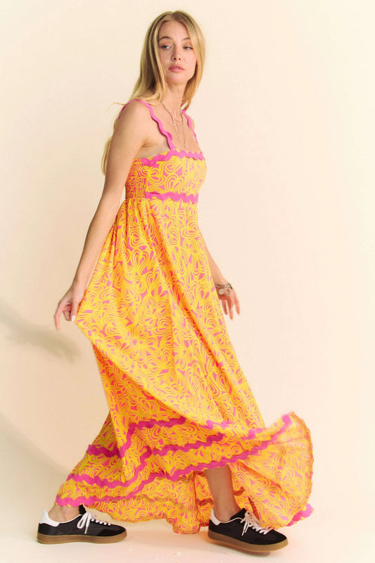 Davi & Dani Geo 2 Tone Printed Wavi Trim Tiered Maxi Dress Trendsi