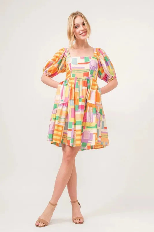 Square Neck Puff Sleeve Geo Printed Mini Dress – Bold, Modern Statement Style