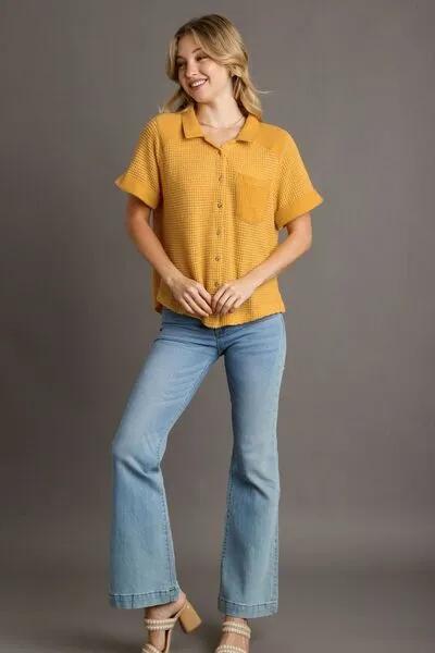 Waffle-Knit Short Sleeve Button Down Shirt