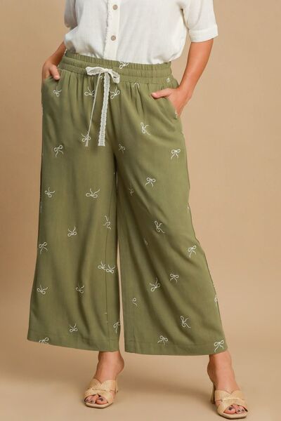 Lace Drawstring Embroidered Bow Wide Leg Pants Trendsi