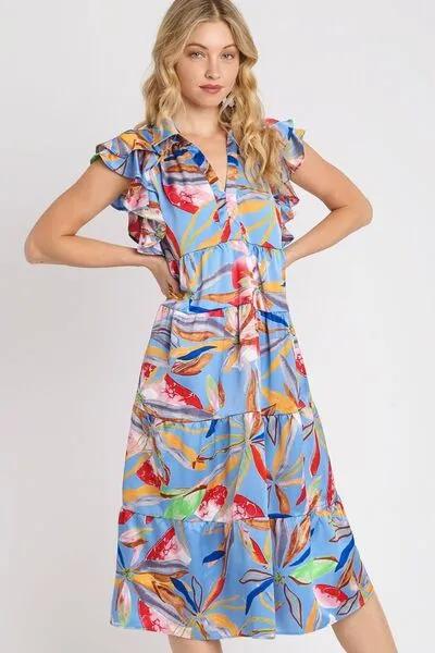 Playful Leaf Print Double Layered Ruffle Sleeve Tiered Midi Dress for Any Occasion
