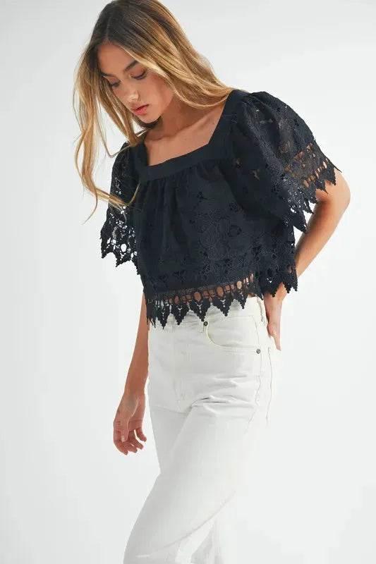 Romantic Square Neck Crochet Lace Top with Double Bow Tie