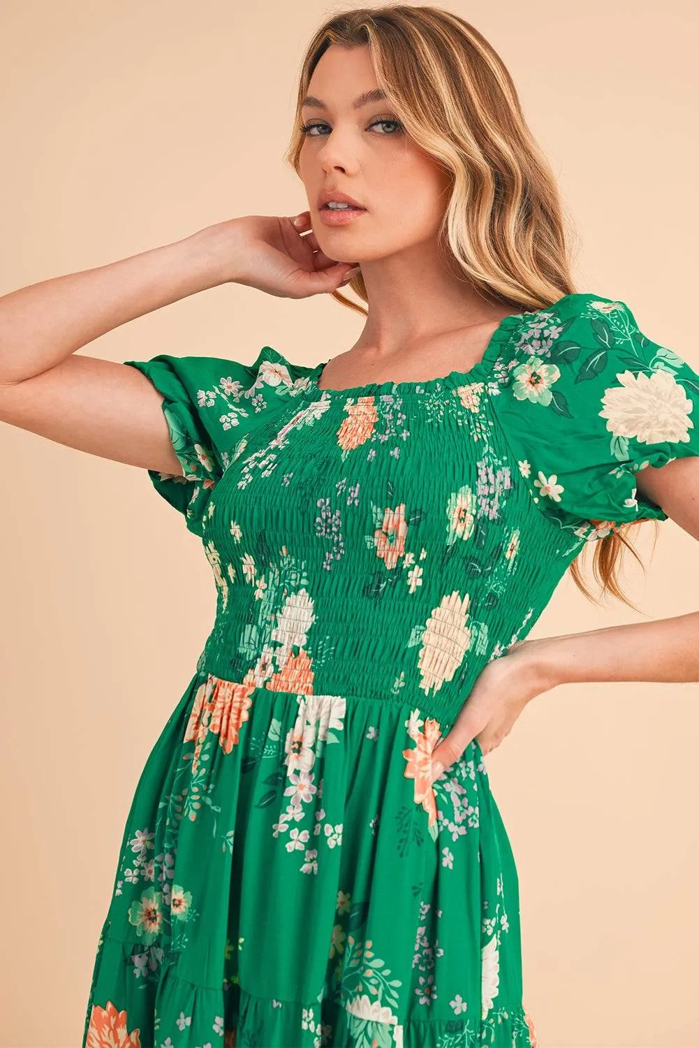 Green Floral Print Smocked Tiered Midi Dress with Bubble Sleeves – 100% Viscose