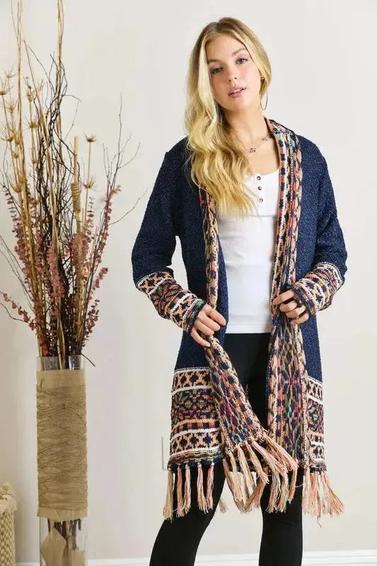 Fringe Hem Aztec Border Cardigan – Boho Chic Statement Layer for Women