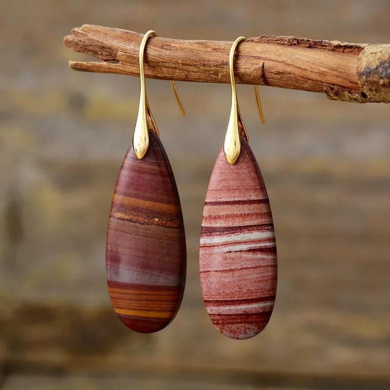 Red or Green Natural Stone Water Drop Earrings - Gold & Silver Finish