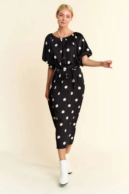 Polka Dot Puff Sleeve Waist Tie Midi Dress – A Timeless Feminine Staple
