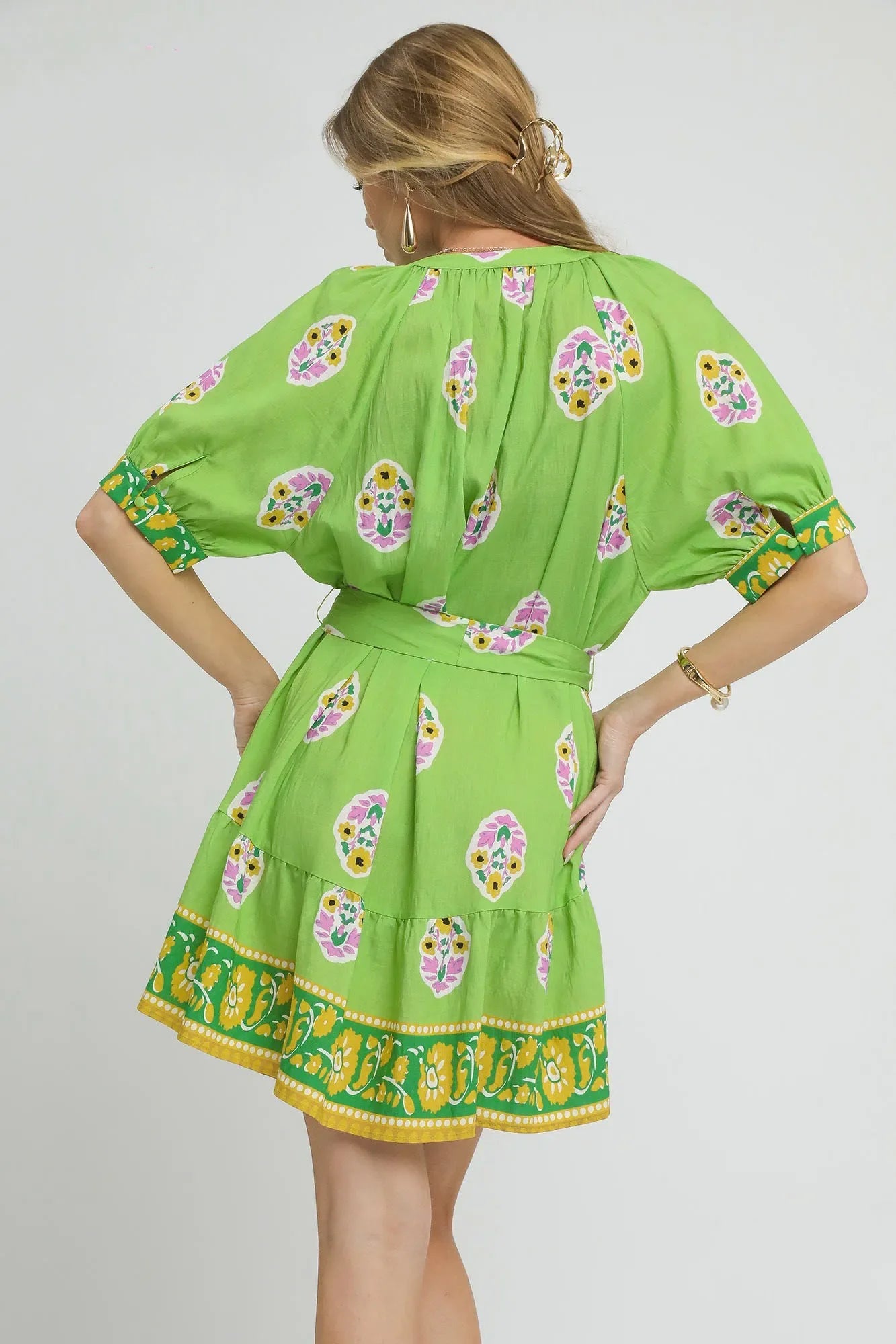 Umgee Floral Print Tie Waist Short Sleeve Dress