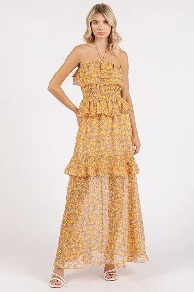 Flowy and Feminine: Ruffled Smocked Floral Halter Neck Maxi Dress