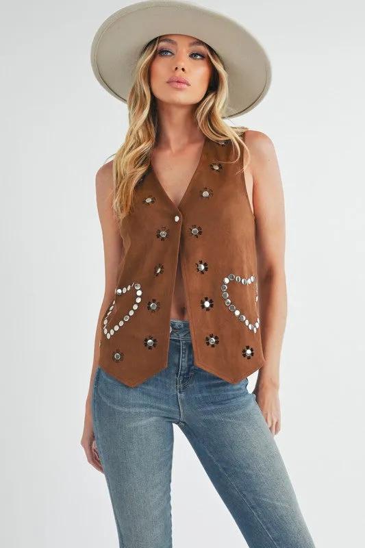 Brown Heart Rivet Suede Vest | Stylish Sleeveless Layering Piece for Women