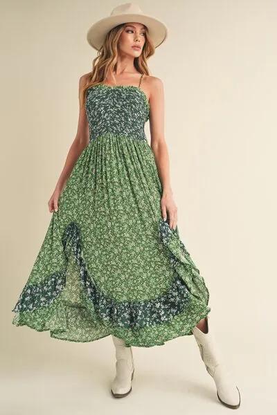Green Ditsy Floral Ruffled Hem Maxi Cami Dress