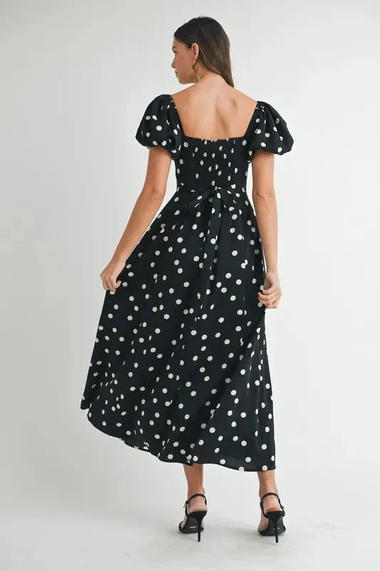 Polka Dot Puff Sleeve Midi Dress: Timeless Elegance for Any Occasion in Black