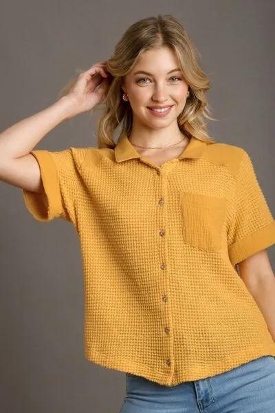 Waffle-Knit Short Sleeve Button Down Shirt