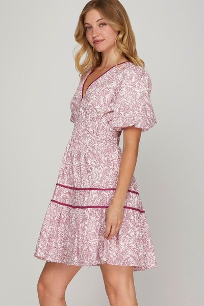 Printed V-Neck Puff Sleeve Tiered Dress Trendsi