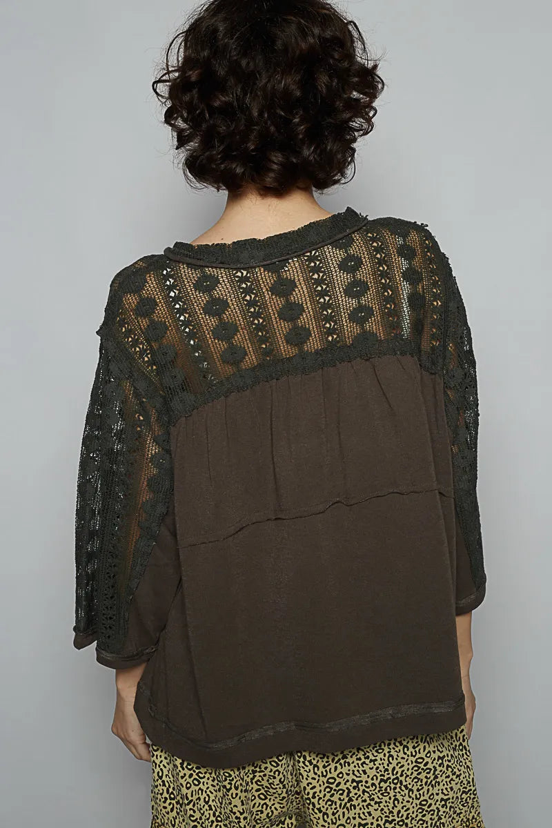 POL Lace Patchwork Button Front T-Shirt