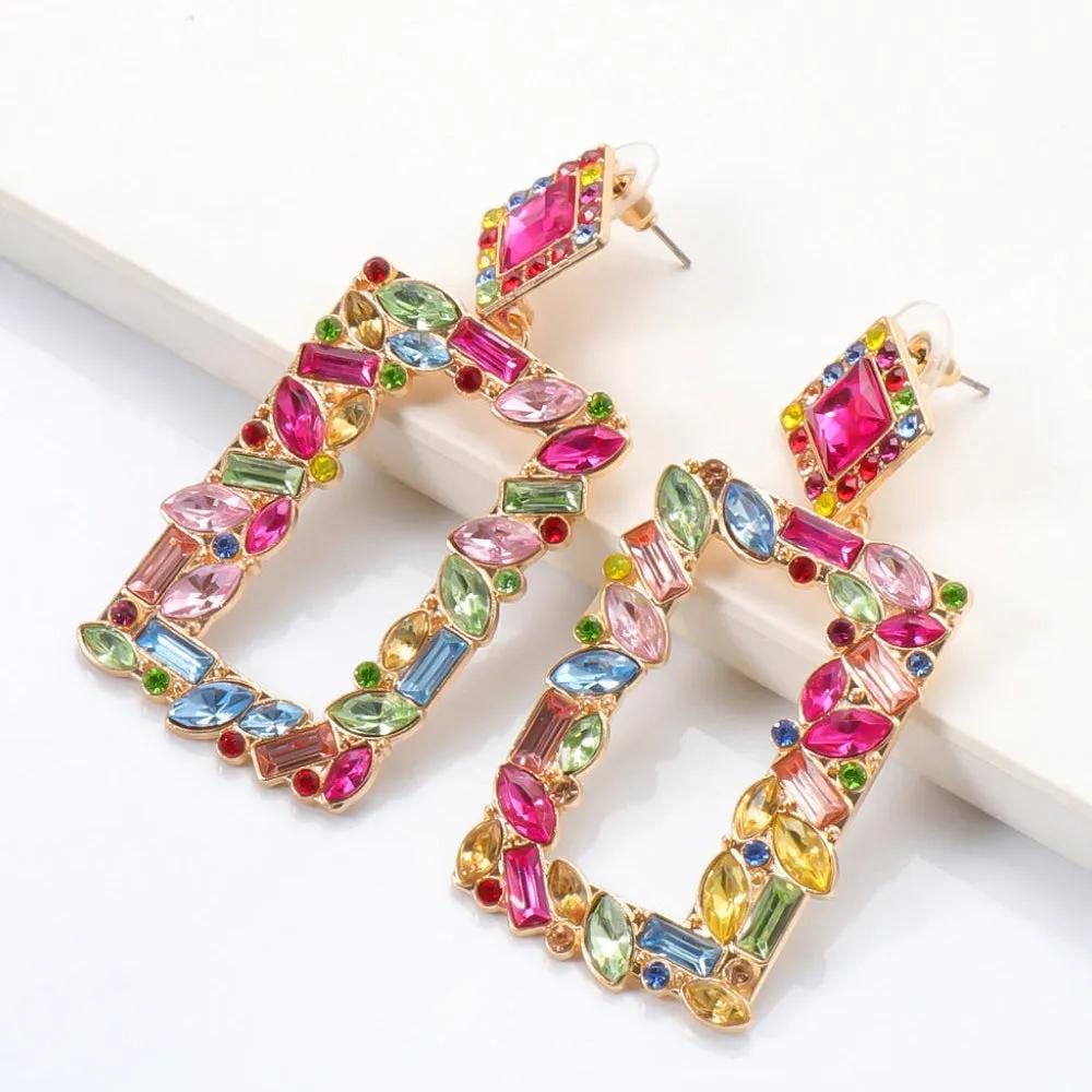 Rectangular Crystal Drop Earrings – Bold and Vibrant Statement Jewelry