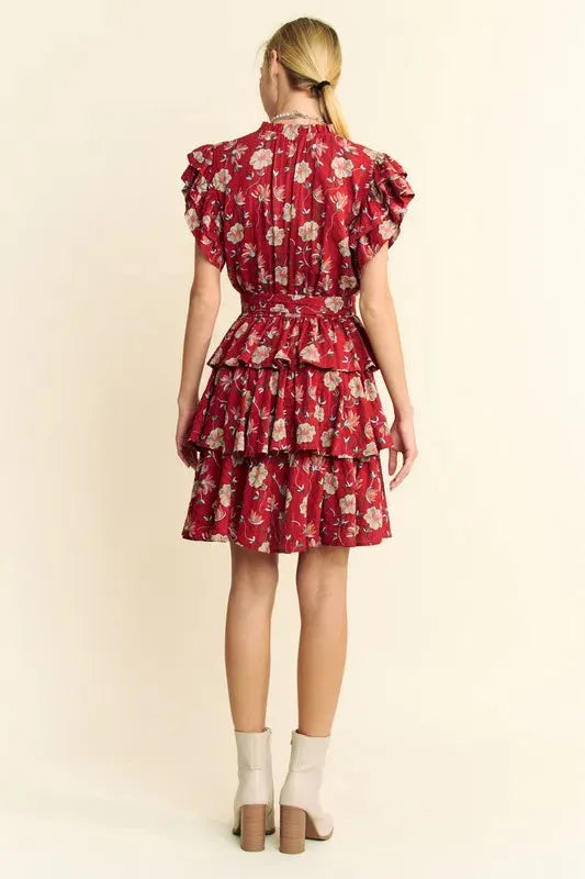 Ruffle Flutter Sleeve Tie Belt Tiered Mini Dress for Effortless Elegance