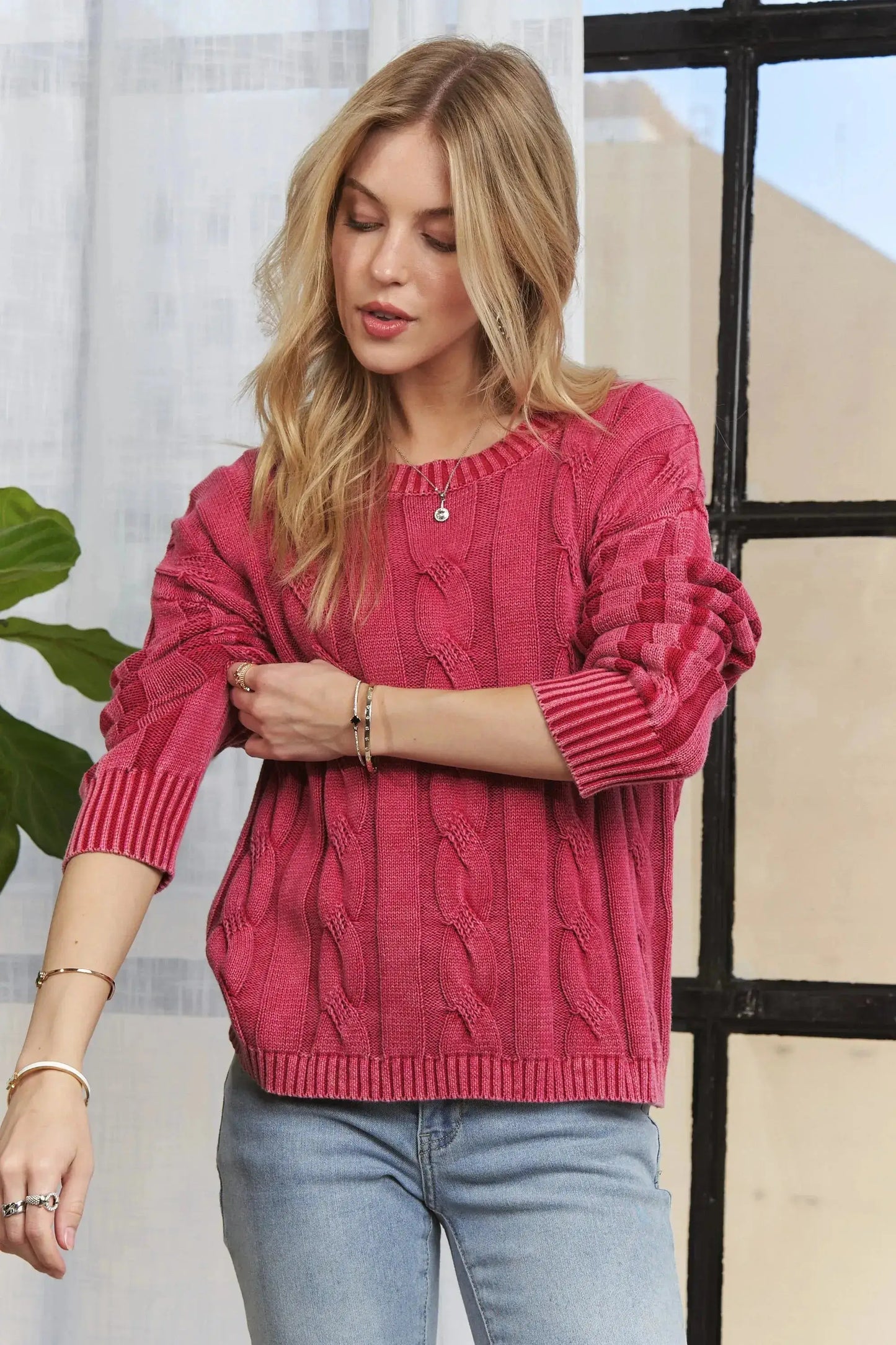 Mineral Washed Cable Knit Red Sweater Top – Vintage-Inspired Cozy Style Jewelry Bubble