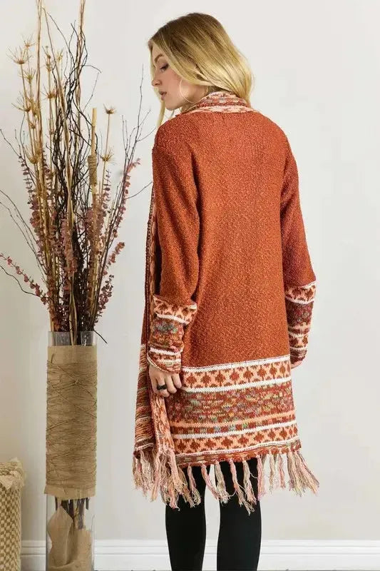 Fringe Hem Aztec Border Cardigan – Boho Chic Statement Layer for Cozy Style