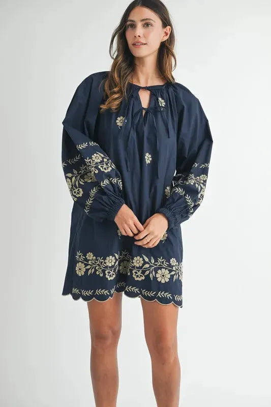 Embroidered Long Sleeve Peasant Mini Dress: Boho Elegance Redefined