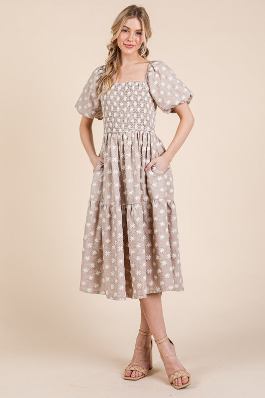 GeeGee Floral Embroidered Smocked Puff Sleeve Tiered Midi Dress Trendsi