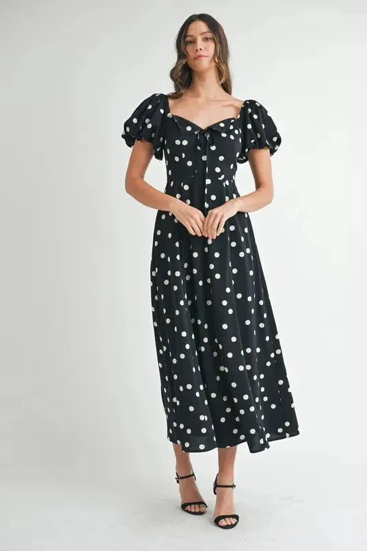Polka Dot Puff Sleeve Midi Dress: Timeless Elegance for Any Occasion in Black