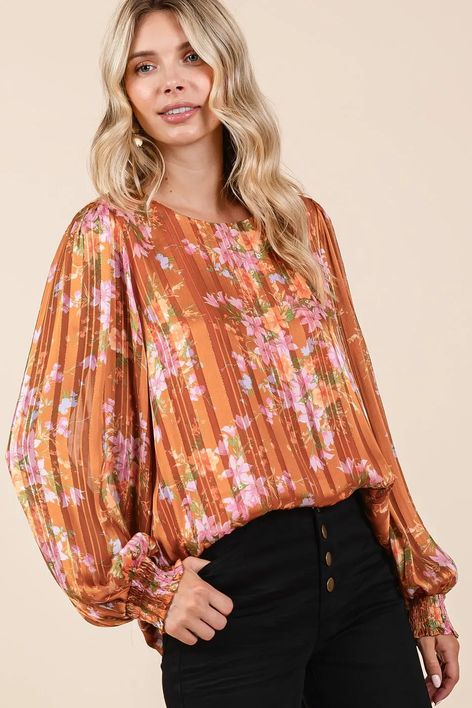 Satin Gold Lurex Striped Chiffon Top – Shimmery Long Sleeve Elegance Jewelry Bubble