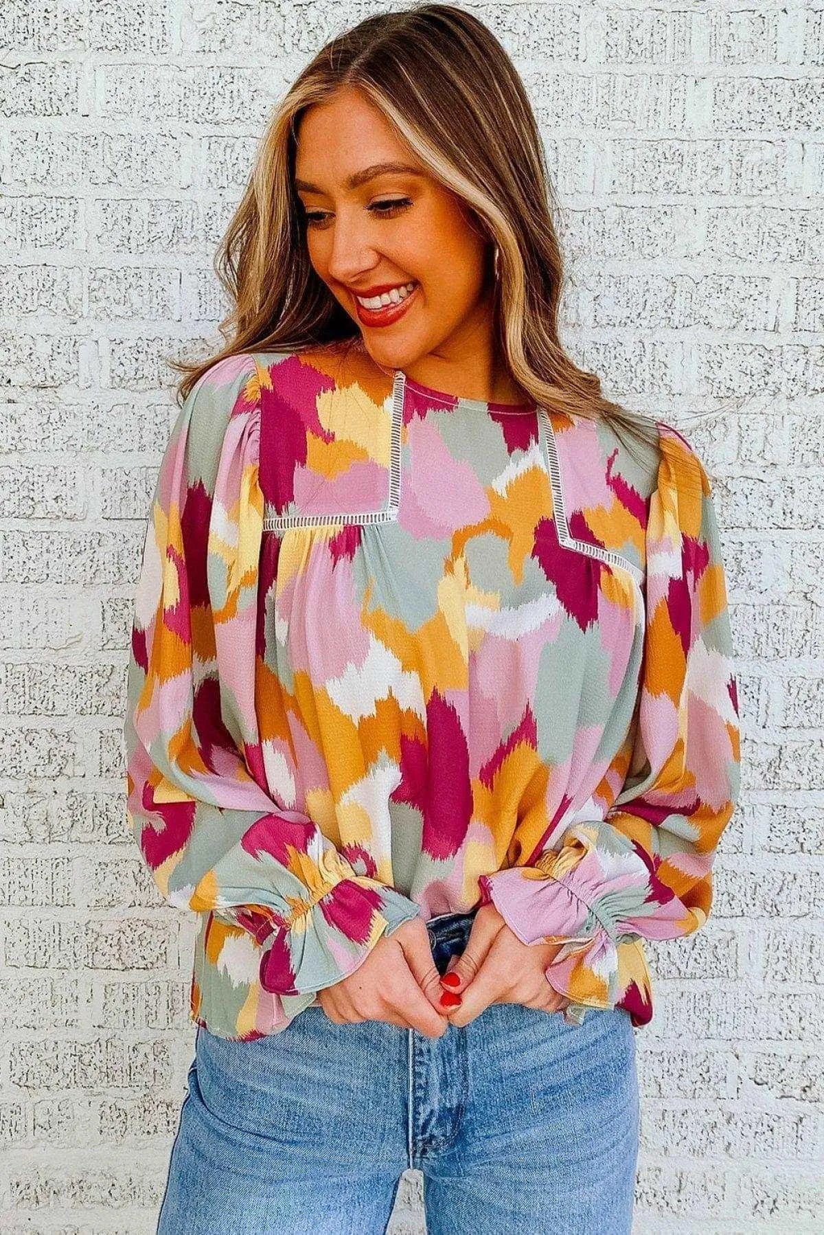 Abstract Print Long Sleeve Blouse Multicolor Jewelry Bubble