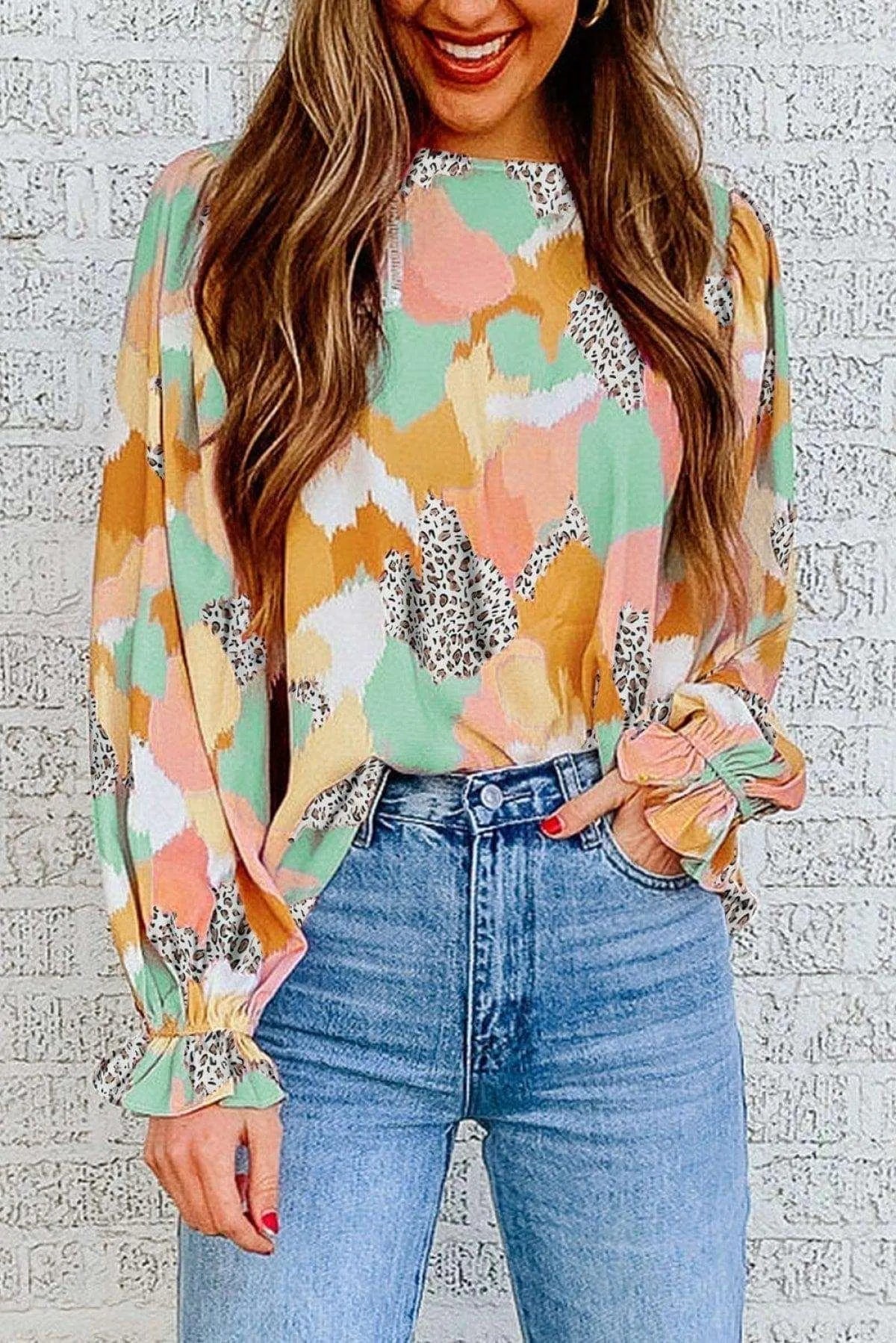 Abstract Print Long Sleeve Blouse Multicolor Jewelry Bubble