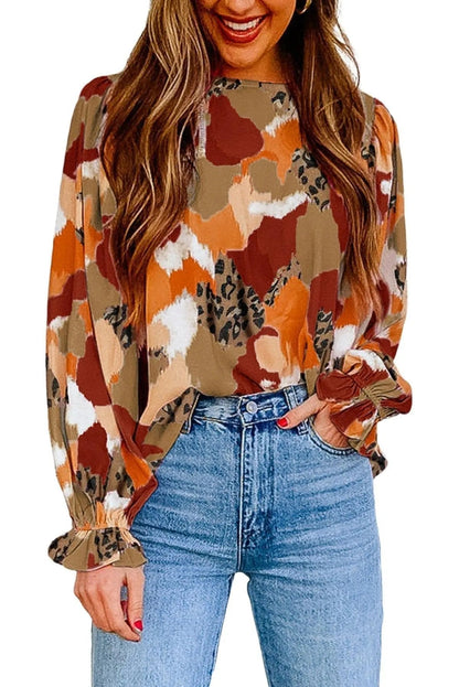 Abstract Print Long Sleeve Blouse Multicolor Jewelry Bubble