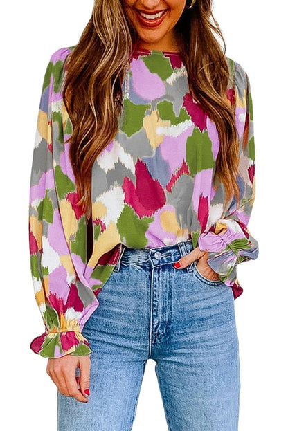 Abstract Print Long Sleeve Blouse Multicolor Jewelry Bubble