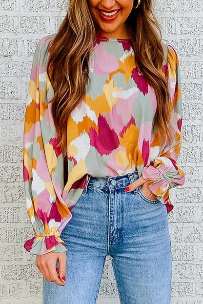 Abstract Print Long Sleeve Blouse Multicolor Jewelry Bubble