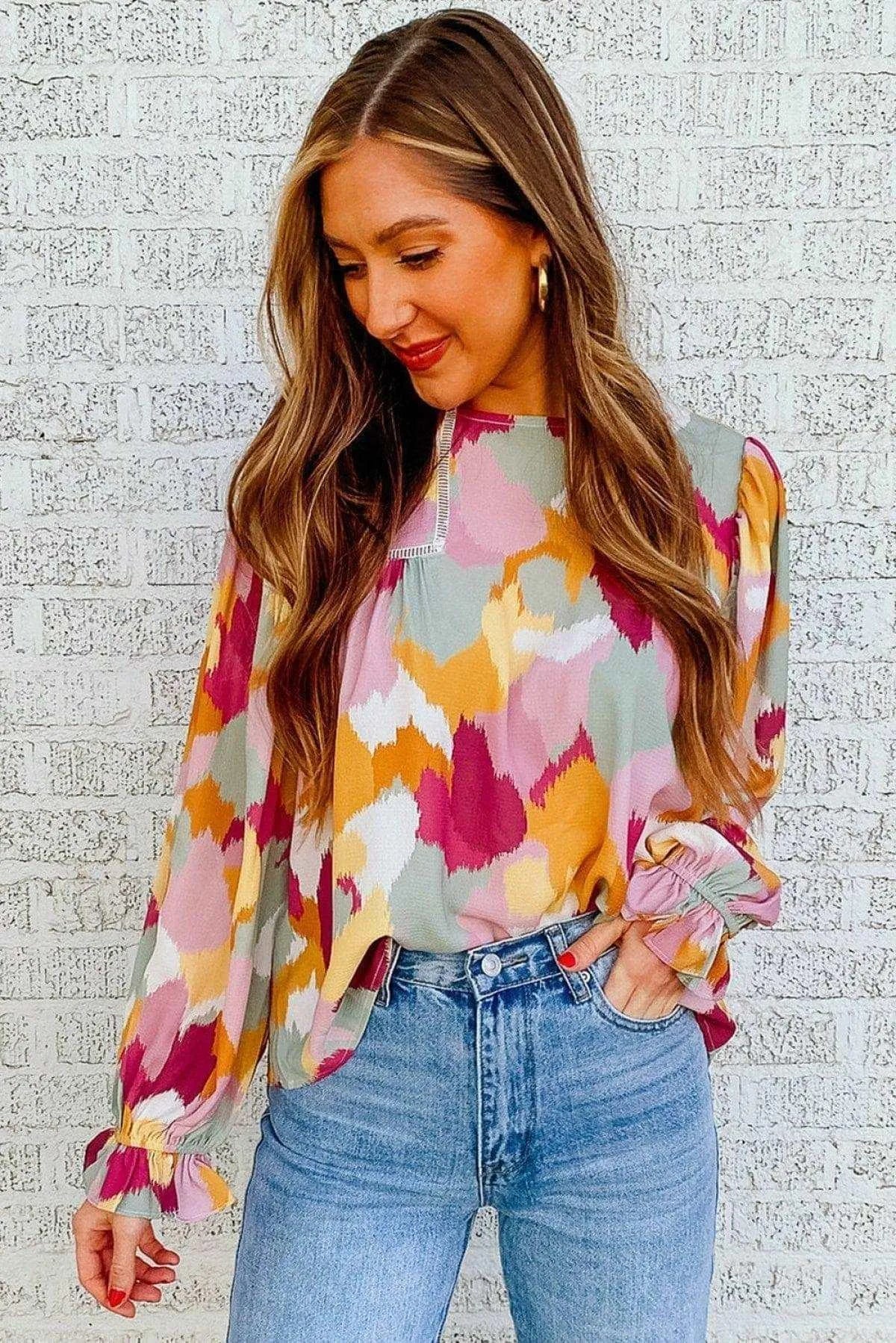 Abstract Print Long Sleeve Blouse Multicolor Jewelry Bubble